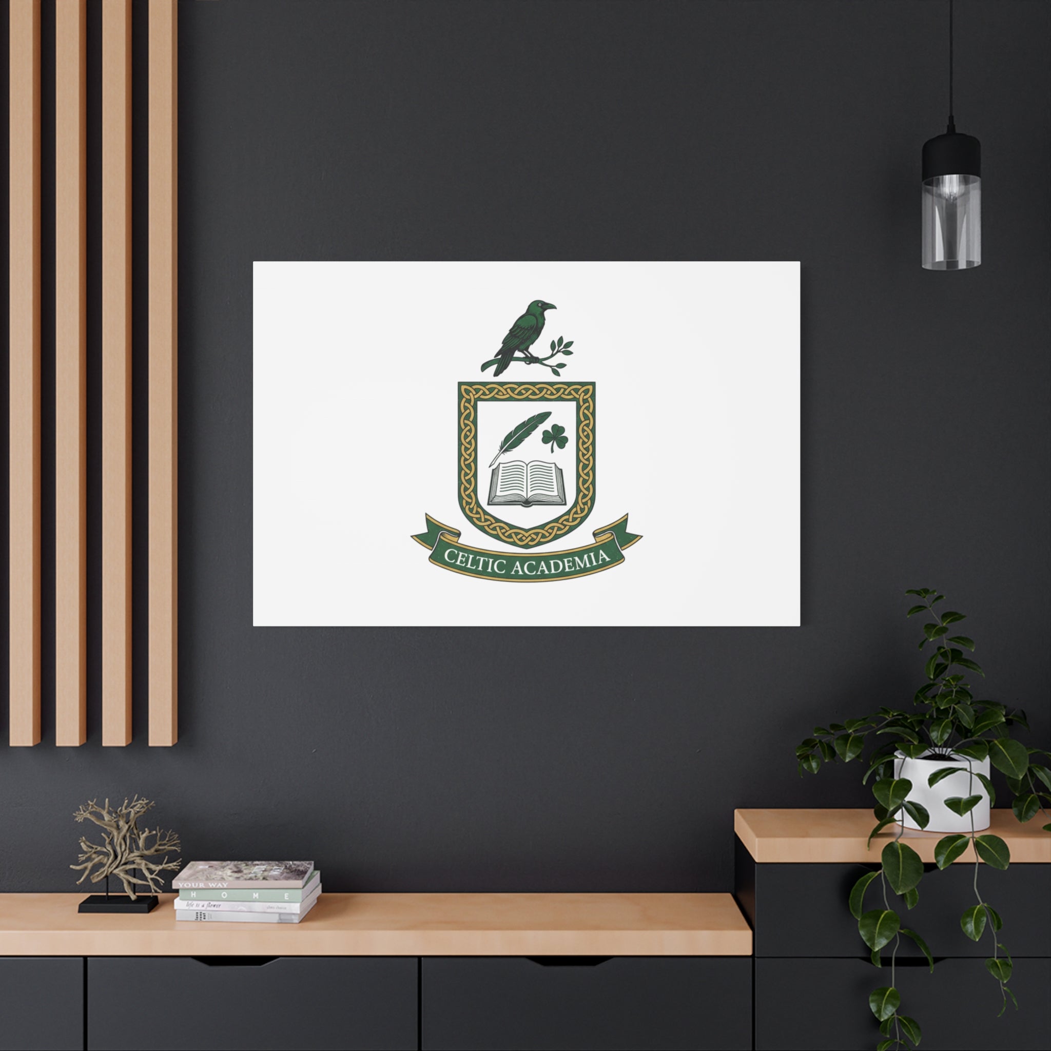 Celtic Academia Crest Canvas | Irish Heritage, Dark Emerald Gaelic Library